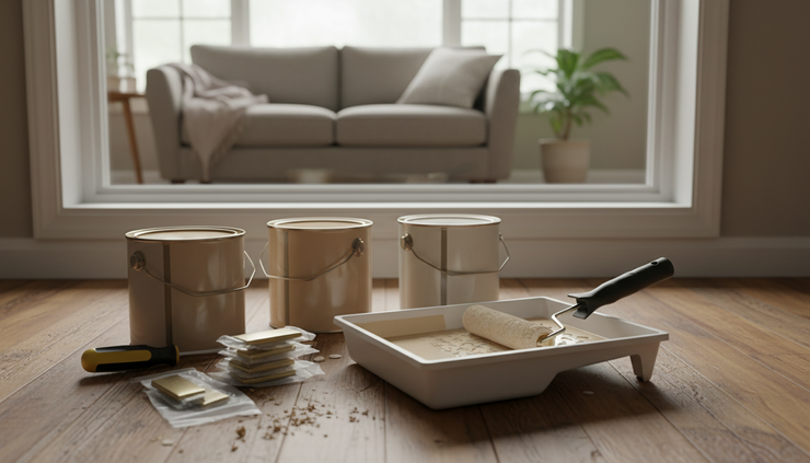 Close-up of paint cans and hand tools on a kitchen floor during home repairs.