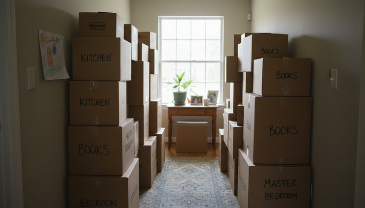 Eye-level view of packed moving boxes in the hallway of a lived-in home.