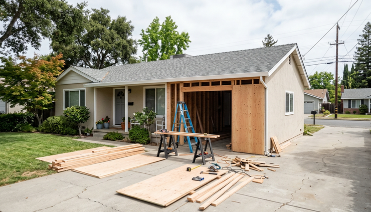 Wide-angle view of a small house with a converted garage and tools near the driveway