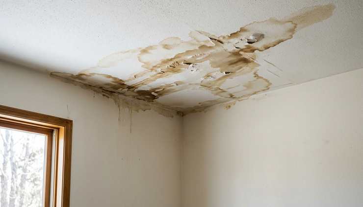 Eye-level view of a ceiling with brown water stains below a roof leak