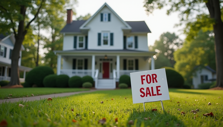 Eye-level view of a traditional North Carolina house with a "For Sale" sign on the lawn