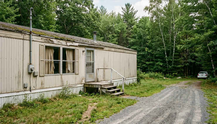Eye-level view of an older manufactured home beside a gravel driveway.