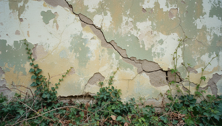 Close-up view of a cracked exterior wall and overgrown plants near a house foundation.