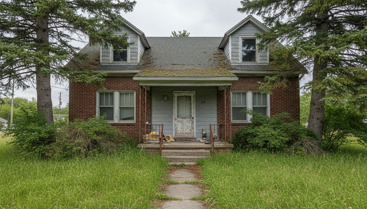 Wide-angle view of the front exterior of an older house with an overgrown yard