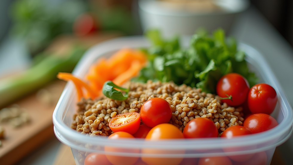 Eye-level view of a colorful meal prep container filled with fresh vegetables and grains