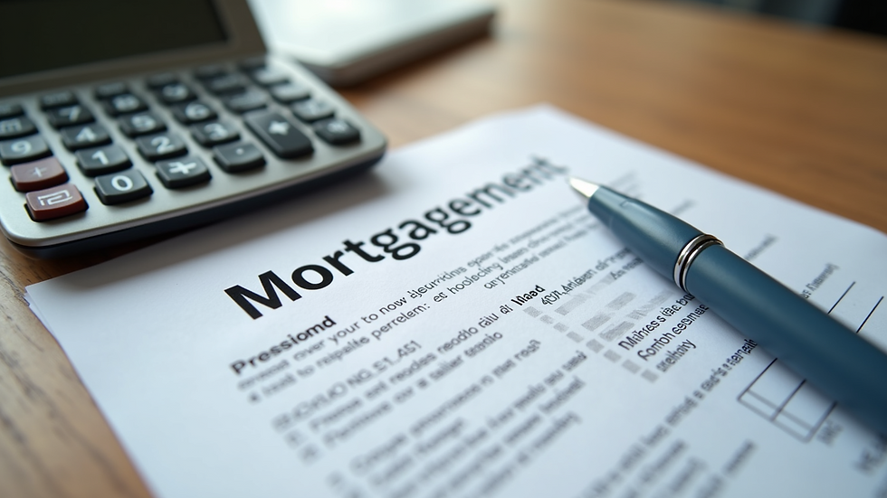 Close-up view of a calculator, mortgage documents, and a pen on a wooden table