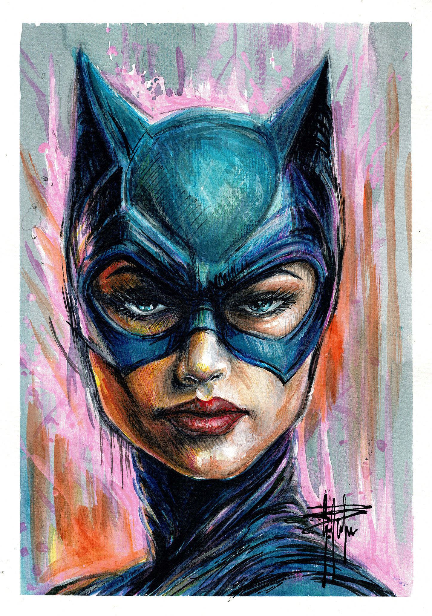 Catwoman quadro dipinto a mano ad acquerello vista frontale disegno