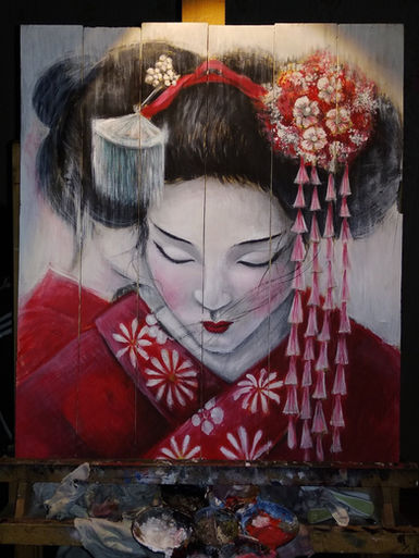 Quadro Geisha Acrilico su Legno