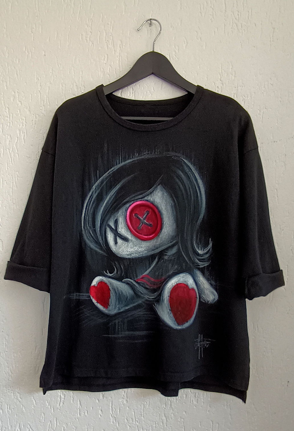 Felpa nera donna dipinta a mano Button eye Doll