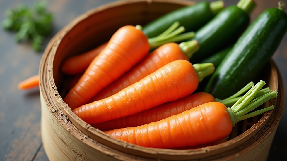 High angle view of peeled carrots and courgettes in a steamer basket