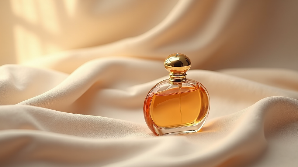 Vue rapprochée d’un flacon de parfum posé sur un tissu doux beige