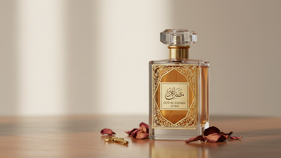 Vue rapprochée d’un flacon de parfum de Dubaï sur une table en bois