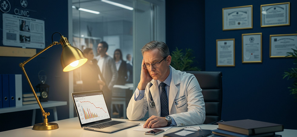 Hair transplant clinic doctor reviewing declining patient acquisition dashboard in modern medical office