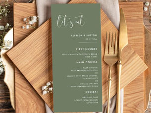 Review Elegant & modern dark sage green Let's eat wedding Menu