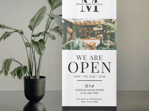 Review We Are Open Minimalist Business Logo Photo Modern Retractable Banner