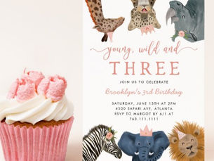 Top 5! Pink Young Wild and Three Safari Birthday Party Invitation