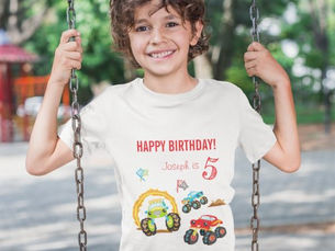 Big Deals! Colorful Birthday Boy Monster Trucks with Name Age T-Shirt