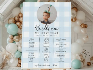 Hot Deals! Blue Gingham First Birthday Milestone Timeline Poster