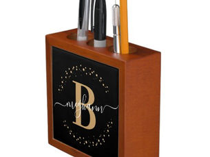 Top 10! Girly Modern Black Gold Name Script Monogrammed Desk Organizer