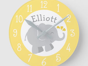 Top 5! Modern Yellow and Gray Elephant Custom Monogram Round Clock