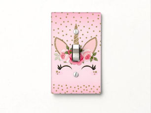 Hot Deals! Gold Glitter & Pink Floral Unicorn Light Switch Cover