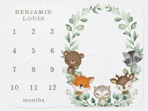 Top 5! Woodland Animals Greenery Wreath Monthly Milestone Baby Blanket