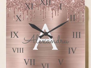 Best Price! Rose Gold - Blush Pink Glitter Metal Monogram Name Square Wall Clock