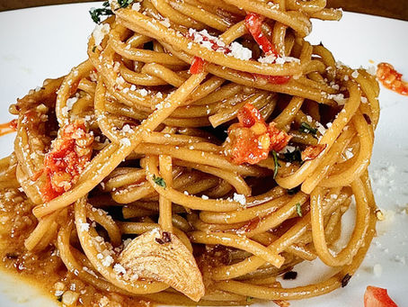 chipotle-soaked spaghetti aglio e olio