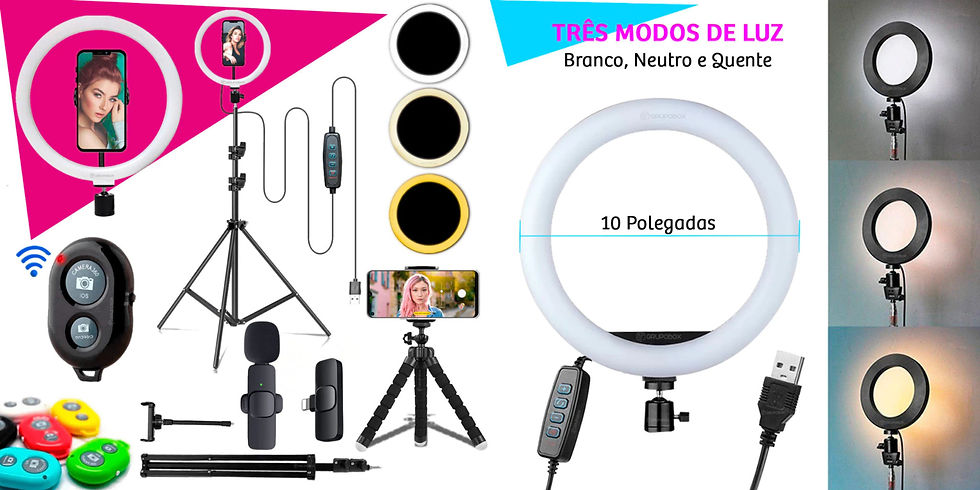 Kit Youtuber Com Tripe 2.10 Iluminador Ring Light Celular Microfone Lapela Sem Fio Android ou IPhone