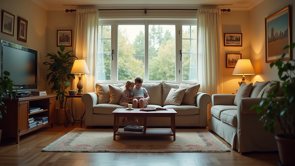 Eye-level view of a cozy living room filled with family photos