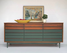 Mid century modern, walnut 9 drawer dresser. Bottom 6 drawers painted with Foxtrot Chalk Synthesis Paint by Wise Owl Paint.