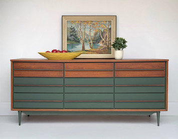 Mid century modern, walnut 9 drawer dresser. Bottom 6 drawers painted with Foxtrot Chalk Synthesis Paint by Wise Owl Paint.