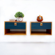 Wall mounted teak night tables with one drawer and open shelf below. Drawer painted with Inkwell chalk synthesis paint by Wise Owl Paint