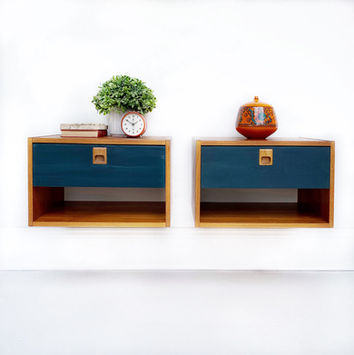 Wall mounted teak night tables with one drawer and open shelf below.  Drawer painted with Inkwell chalk synthesis paint by Wise Owl Paint