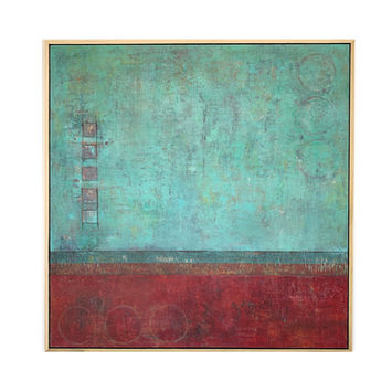 Framed abstract oil and cold wax painting. Painting is divided into 2 sections with scratched horizon line approximately 1" wide.  Primary colour for the top section is turquoise and bottom section is red.