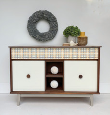 Vintage dry bar with natural wood cabinet and painted front. Doors painted with Antique Villa Chalk Synthesis Paint by Wise Owl Paint and painted plaid design.