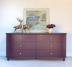 6 drawer dresser with curved drawer fronts. Painted Black Cherry, One Hour Enamel by Wise Owl Paint. Brass knobs
