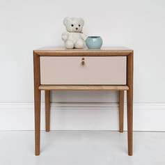 Mid century modern night table with one drawer. Cabinet and drawer front painted with One Hour Enamel by Wise Owl Paint colour 1987. Natural legs and face trim