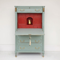 Antique secretary desk with 4 drawers and drop down desk surface. Interior cubbies painted Emperor Silk by Annie Sloan and Cabinet painted with Duck Egg Blue