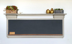 Kitchen Chalkboard created from bed footboard. Painted with Gray Linen Chalk Synthesis Paint by Wise Owl Paint