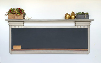 Kitchen Chalkboard created from bed footboard. Painted with Gray Linen Chalk Synthesis Paint by Wise Owl Paint