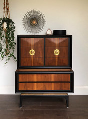 Mid century modern diamond front high boy with natural walnut doors, original hardware and cabinet painted with Jet Black, One Hour Enamel by Wise Owl Paint
