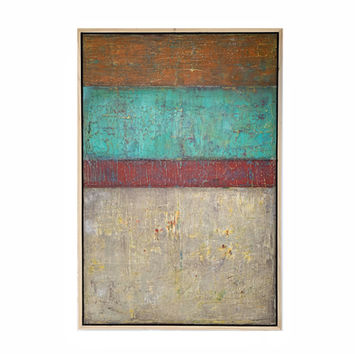 Mixed media, oil and cold wax painting with lots of texture.  Painting is divided into 4 horizontal stripes with varying dimensions.  Stripe colours are orange, turquoise, red, gray from top to bottom.  