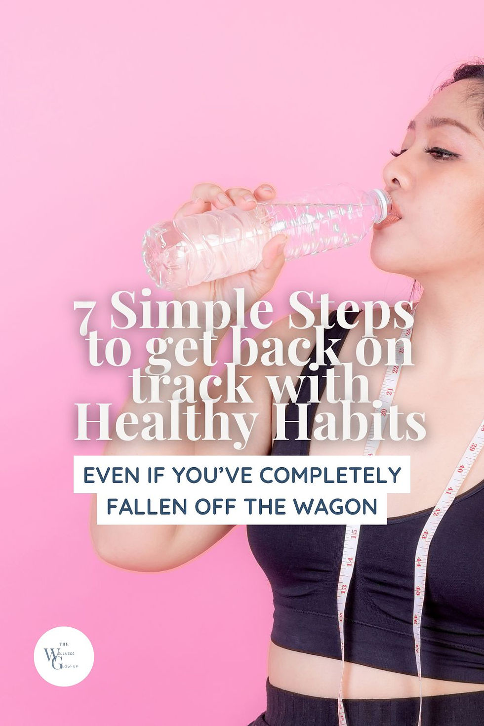 Woman drinking water with a measuring tap around her neck.