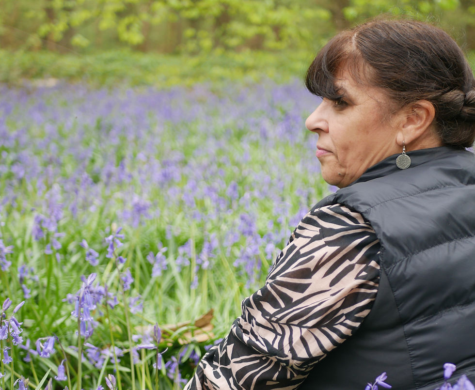 Woman sat in a field of bluebells, with her back to the camera in pure euphoria