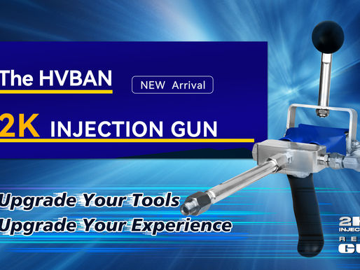 A promotional banner for the new HVBAN 2K Injection Resin Gun. The image features the professional-grade tool on the right, set against a dynamic blue background with light streaks. On the left, bold text reads "The HVBAN 2K INJECTION GUN" with a "NEW Arrival" tag, and below it says, "Upgrade Your Tools, Upgrade Your Experience." The HVBAN and 2K Injection Resin Gun logos are also present.