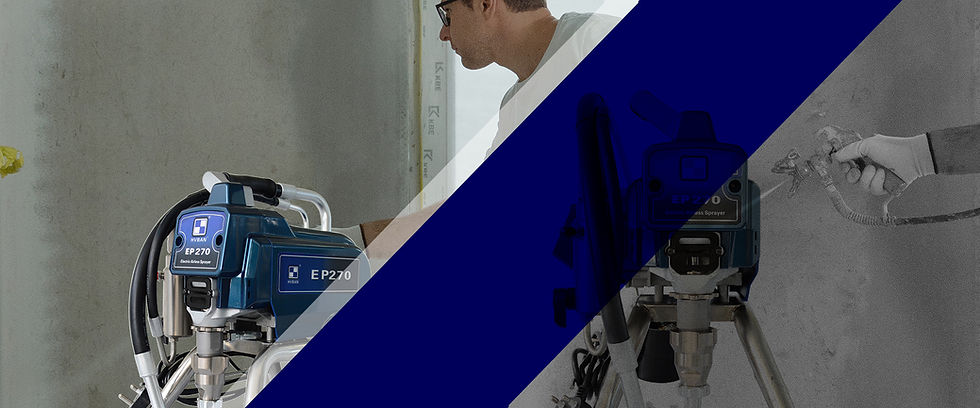 A professional painter using the HVBAN EP270 electric airless paint sprayer to apply a smooth, even coat of paint onto an interior concrete wall. The image is a composite that highlights both the operator using the machine and a close-up of a gloved hand with the spray gun, demonstrating the tool's practical application and flawless finish.