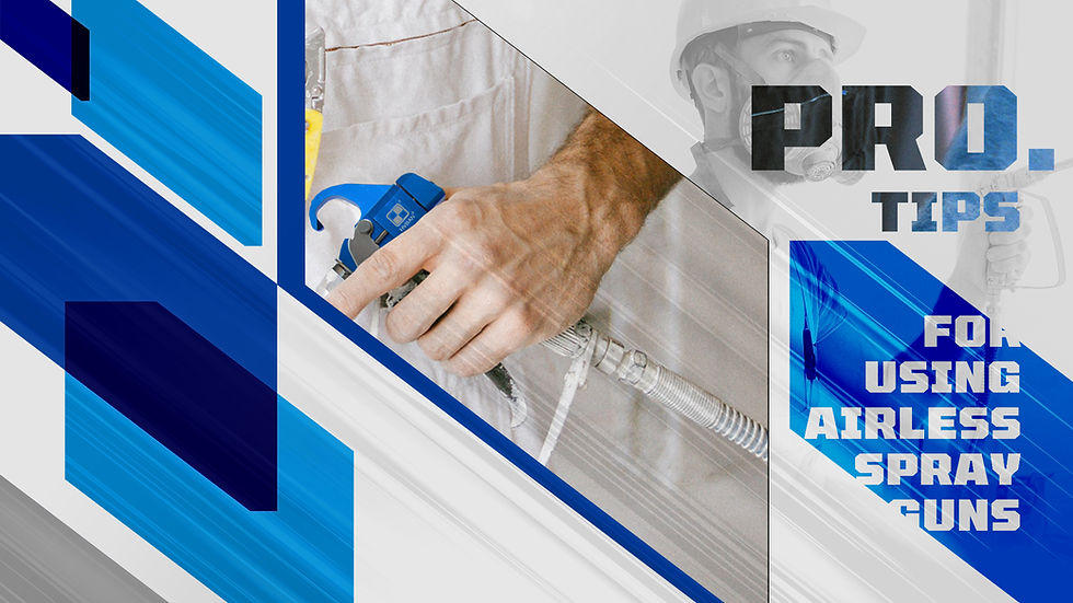 A blog post banner titled "PRO TIPS FOR USING AIRLESS SPRAY GUNS," featuring a close-up of a professional painter's hand holding a blue HVBAN spray gun, setting the stage for a guide on professional usage.