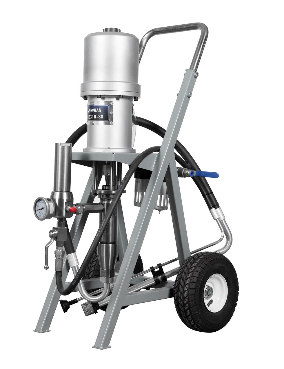 Stainless steel fluid pump on the air-driven sprayer unit.