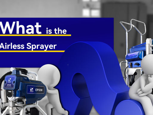 A wide shot featuring two blue airless paint sprayers, one labeled "EP230," alongside two white 3D human figures. A large blue question mark is positioned between them, and a text overlay asks, "What is the Airless Sprayer?" This image effectively introduces the concept of an airless sprayer and its uses.